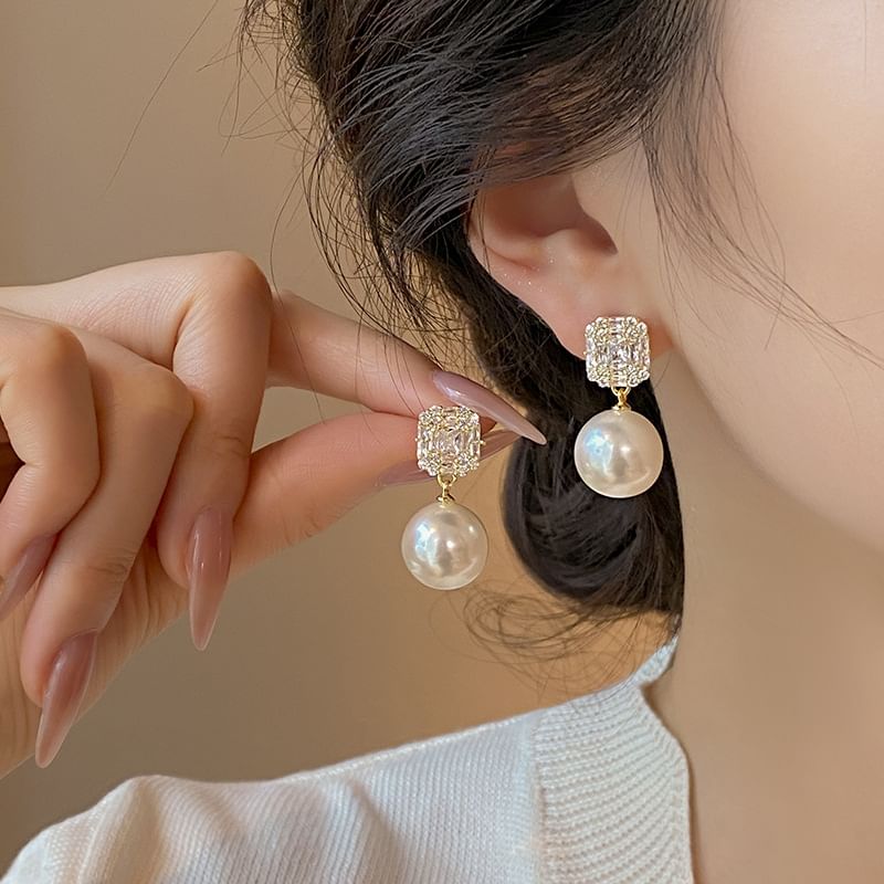 Pearl Drop Earring Faux Rhinestone