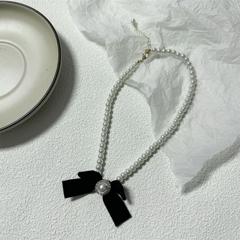 Necklace Pearl Velvet Bow Faux