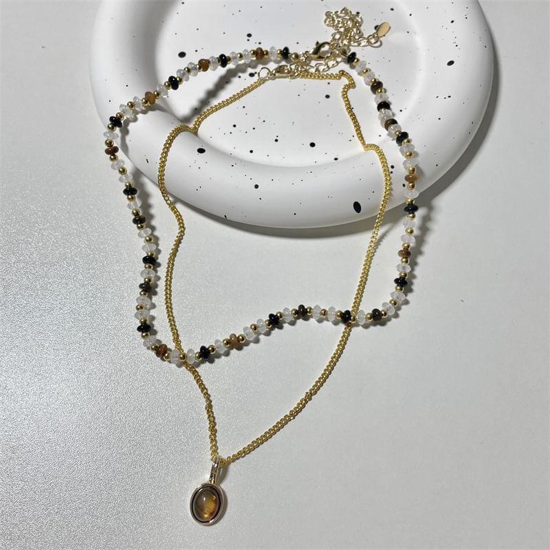 Pendant Beaded Necklace Gemstone Layered