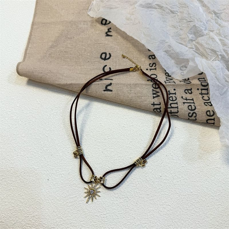 Leather Necklace Pendant Rhinestone Faux Sun