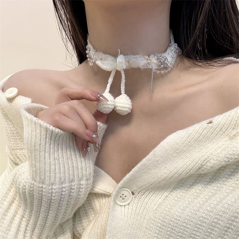 Bead Cherry Fringed Fabric Choker