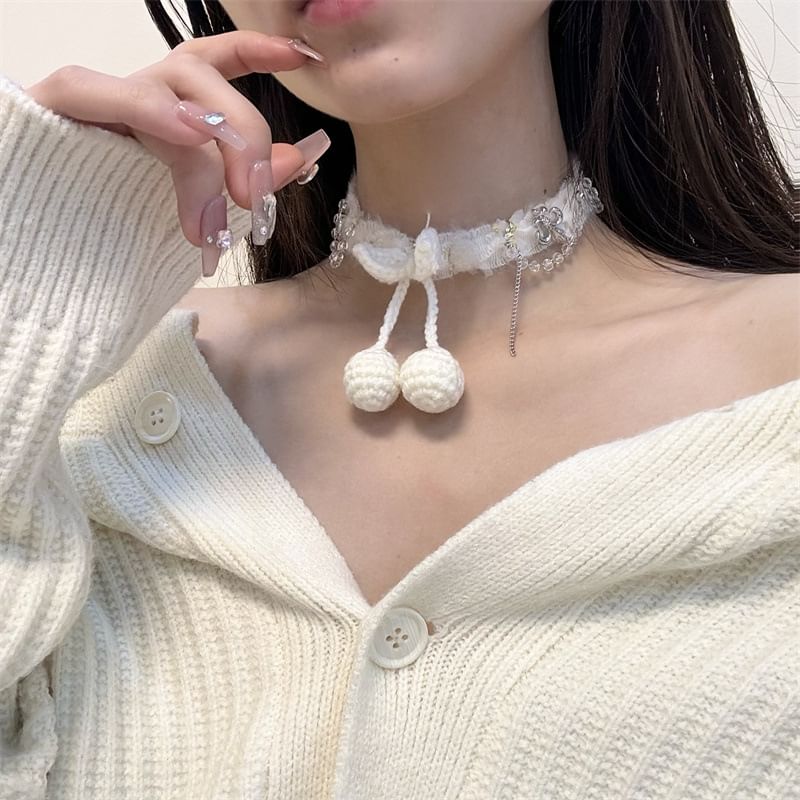 Bead Cherry Fringed Fabric Choker