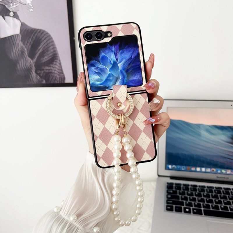 Faux Phone Strap Pearl Case Argyle