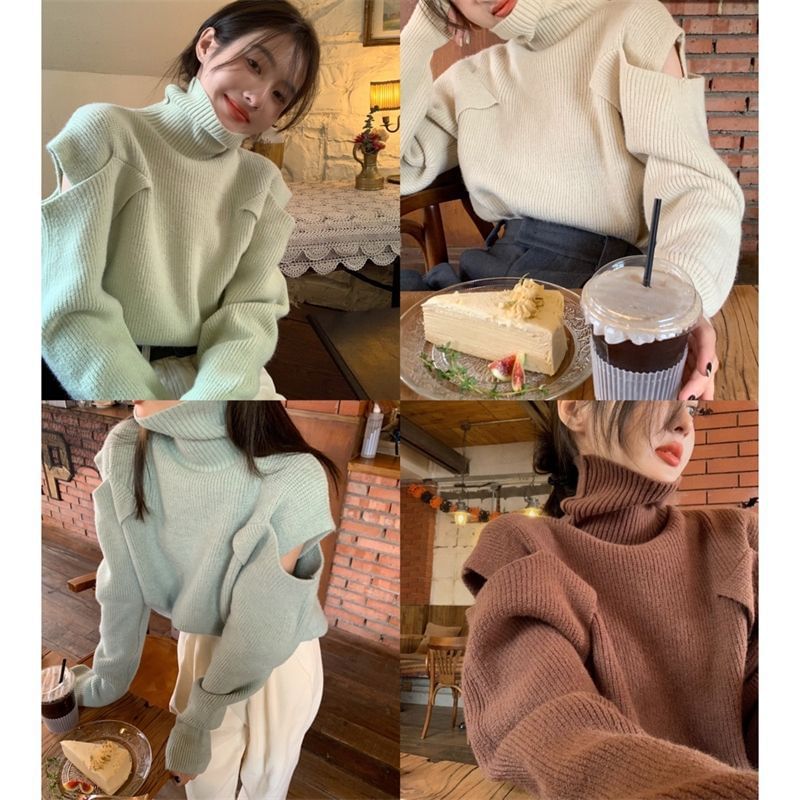 Sweater Plain Loose-Fit Turtleneck Cold-Shoulder