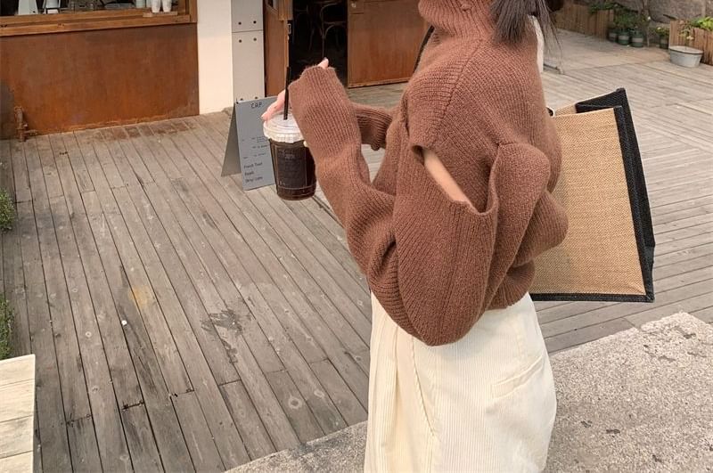 Sweater Plain Loose-Fit Turtleneck Cold-Shoulder