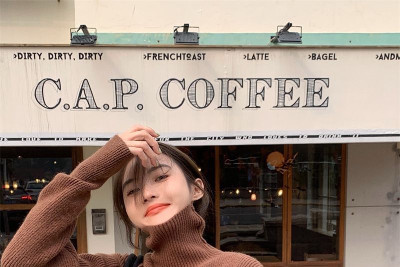 Sweater Plain Loose-Fit Turtleneck Cold-Shoulder