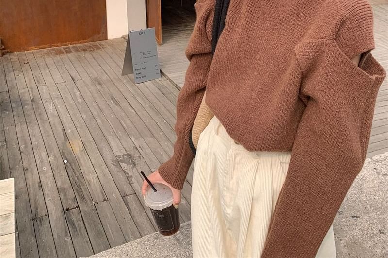 Sweater Plain Loose-Fit Turtleneck Cold-Shoulder