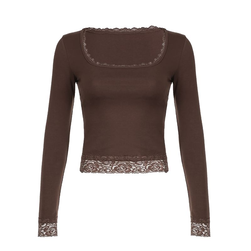 Cropped Lace Top Square-Neck Long-Sleeve