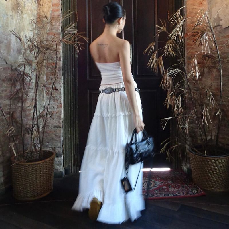 Skirt Tube / Waist Plain A-Line Ruffle Top Elastic Maxi Tiered