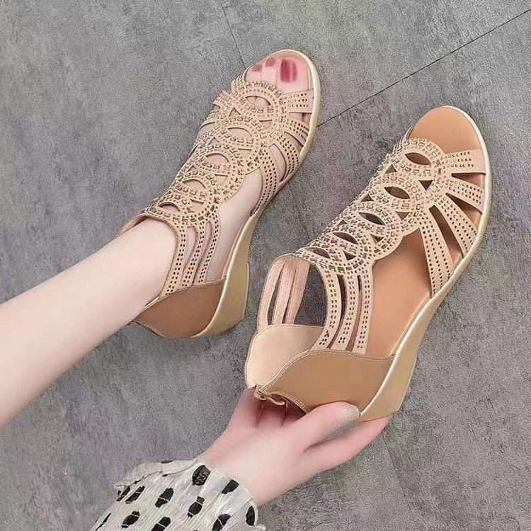 Low-Heel Glitter Perforated Sandals