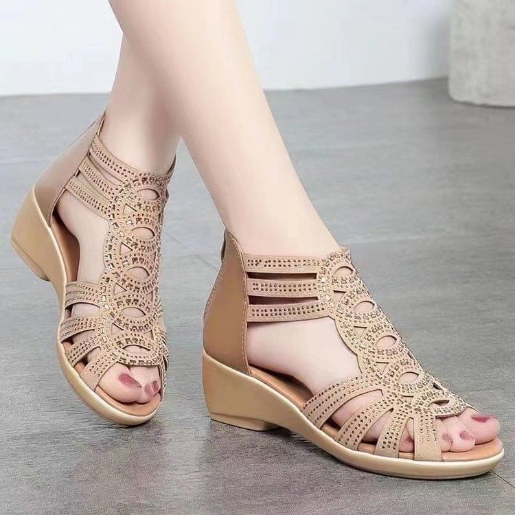 Low-Heel Glitter Perforated Sandals
