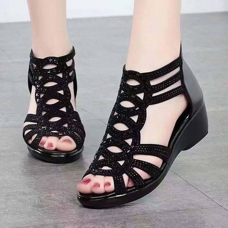 Low-Heel Glitter Perforated Sandals