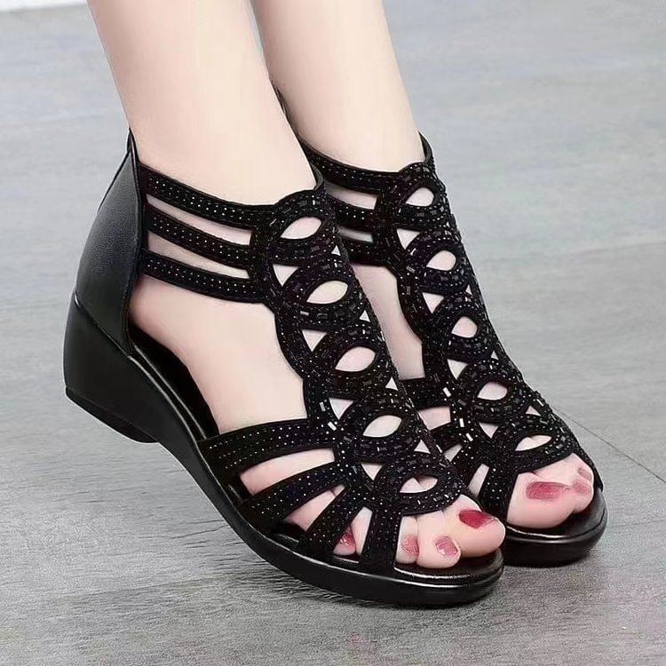 Low-Heel Glitter Perforated Sandals
