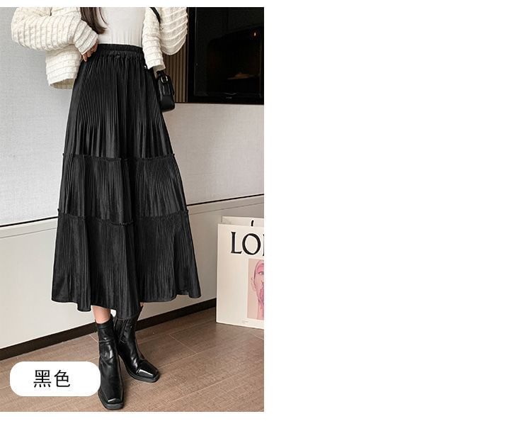 A-Line Elastic Skirt Tiered Midi Plain Velvet Waist