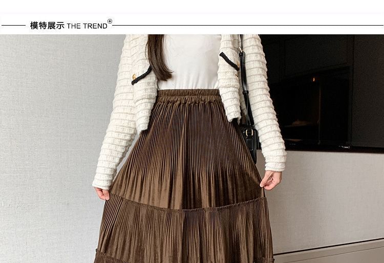 A-Line Elastic Skirt Tiered Midi Plain Velvet Waist