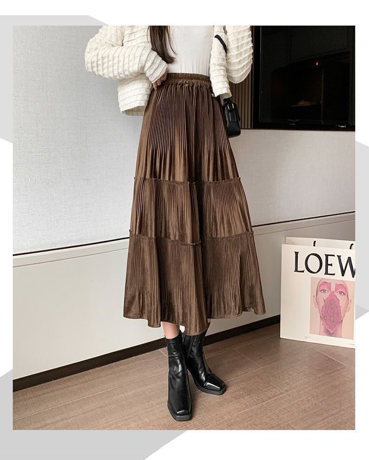 A-Line Elastic Skirt Tiered Midi Plain Velvet Waist