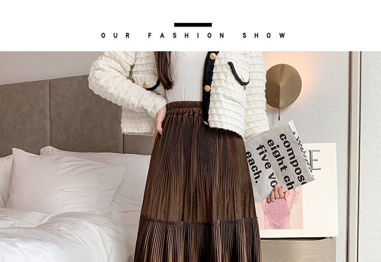 A-Line Elastic Skirt Tiered Midi Plain Velvet Waist