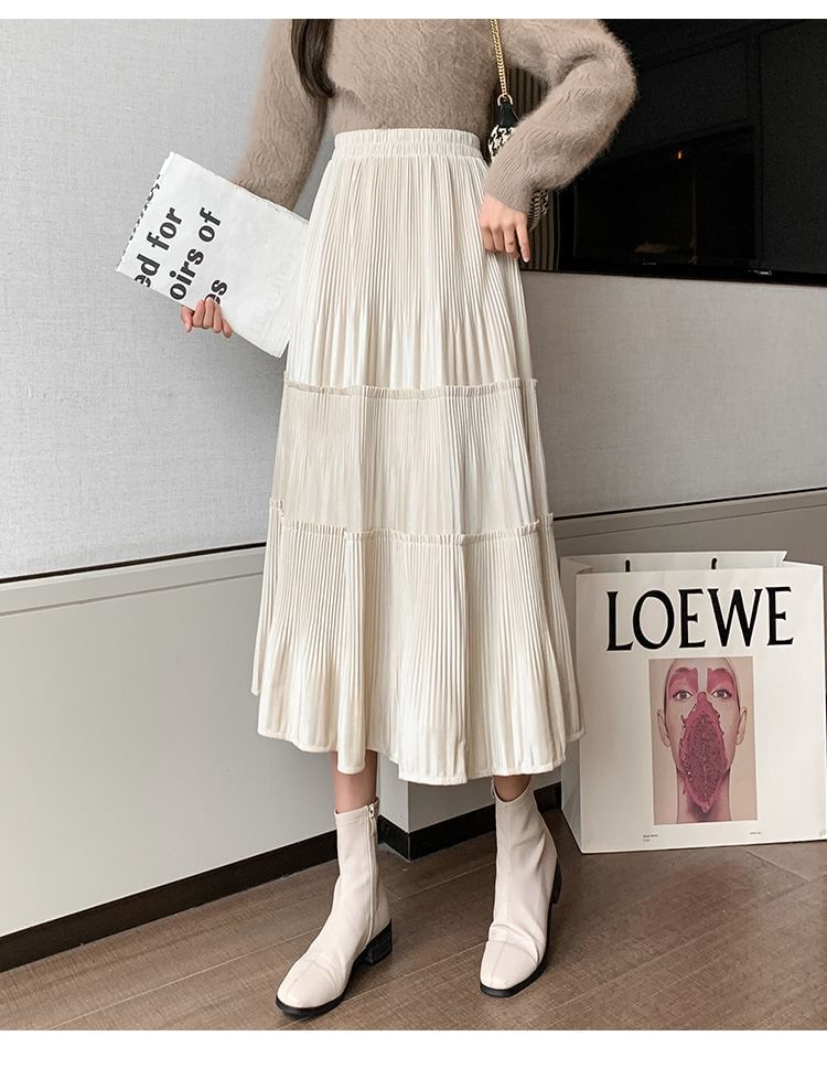 A-Line Elastic Skirt Tiered Midi Plain Velvet Waist