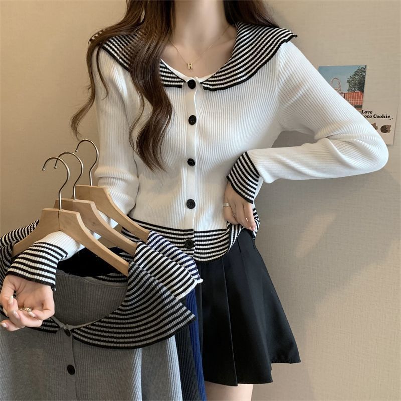 Panel Long-Sleeve Collar Ribbed Button Striped Top Knit