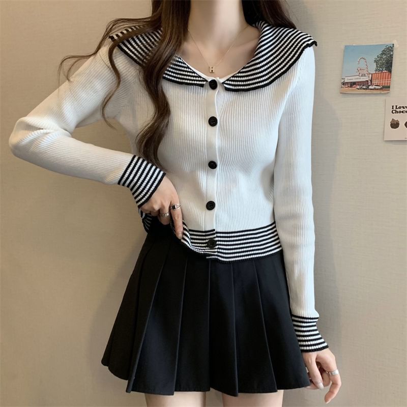 Panel Long-Sleeve Collar Ribbed Button Striped Top Knit