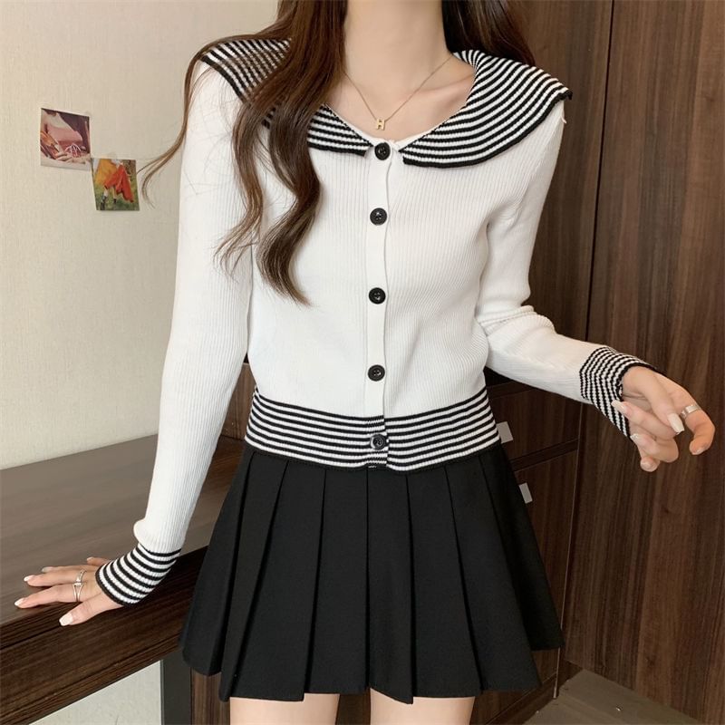 Panel Long-Sleeve Collar Ribbed Button Striped Top Knit