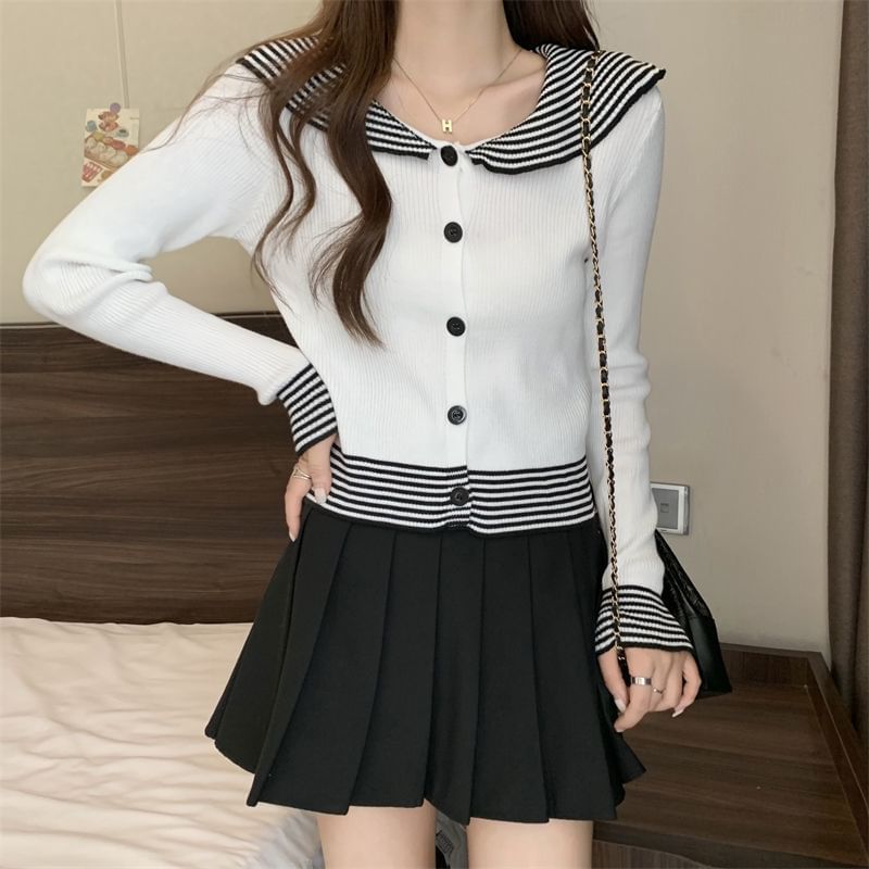 Panel Long-Sleeve Collar Ribbed Button Striped Top Knit