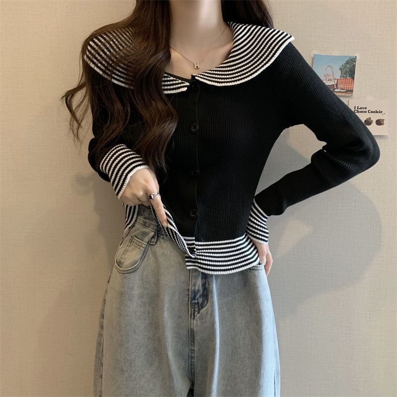 Panel Long-Sleeve Collar Ribbed Button Striped Top Knit