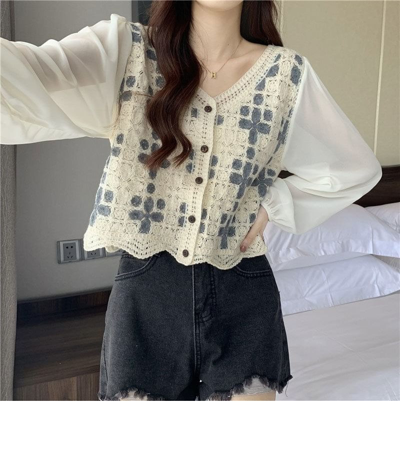 Crochet Knit Long-Sleeve V-Neck Blouse Panel