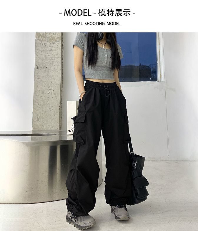 Leg Plain Wide Pants Cargo Waist Drawstring