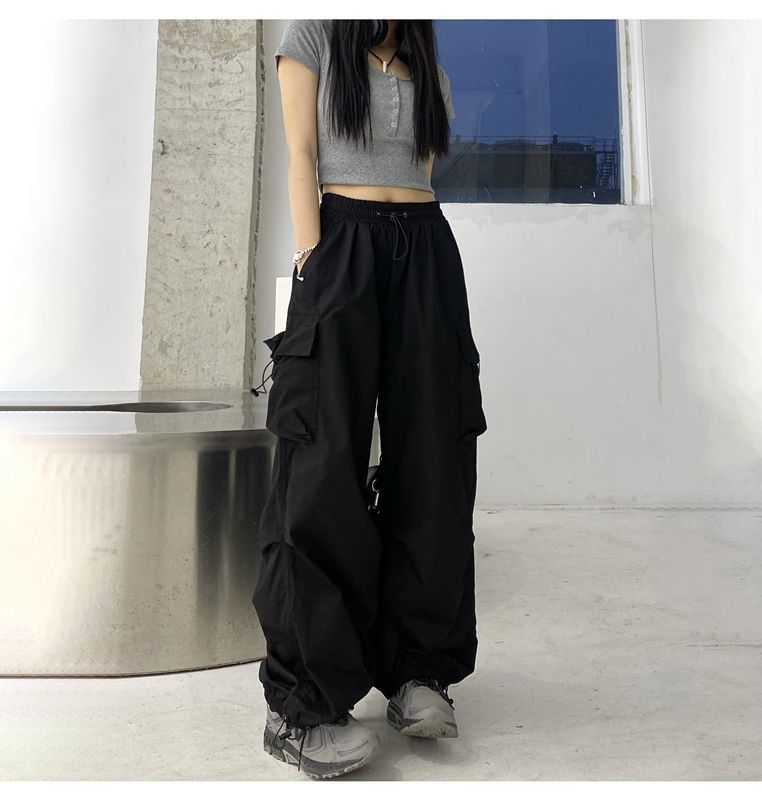 Leg Plain Wide Pants Cargo Waist Drawstring