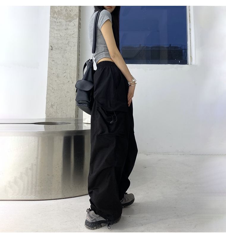 Leg Plain Wide Pants Cargo Waist Drawstring