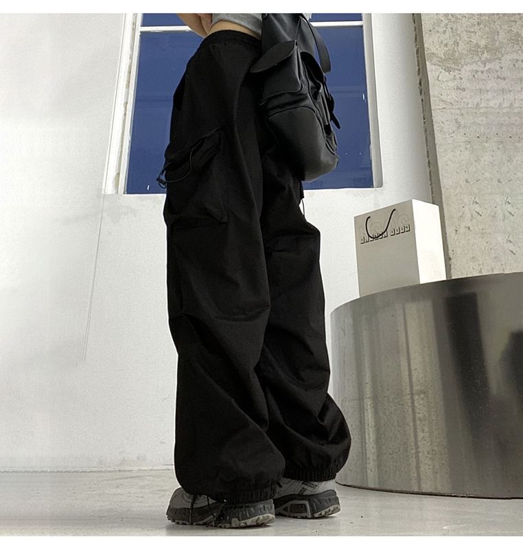 Leg Plain Wide Pants Cargo Waist Drawstring