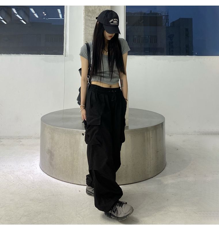 Leg Plain Wide Pants Cargo Waist Drawstring