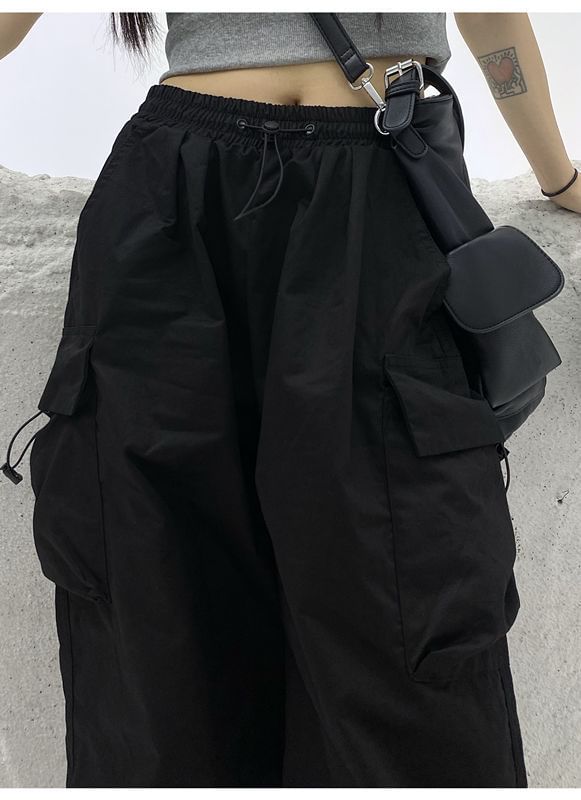Leg Plain Wide Pants Cargo Waist Drawstring