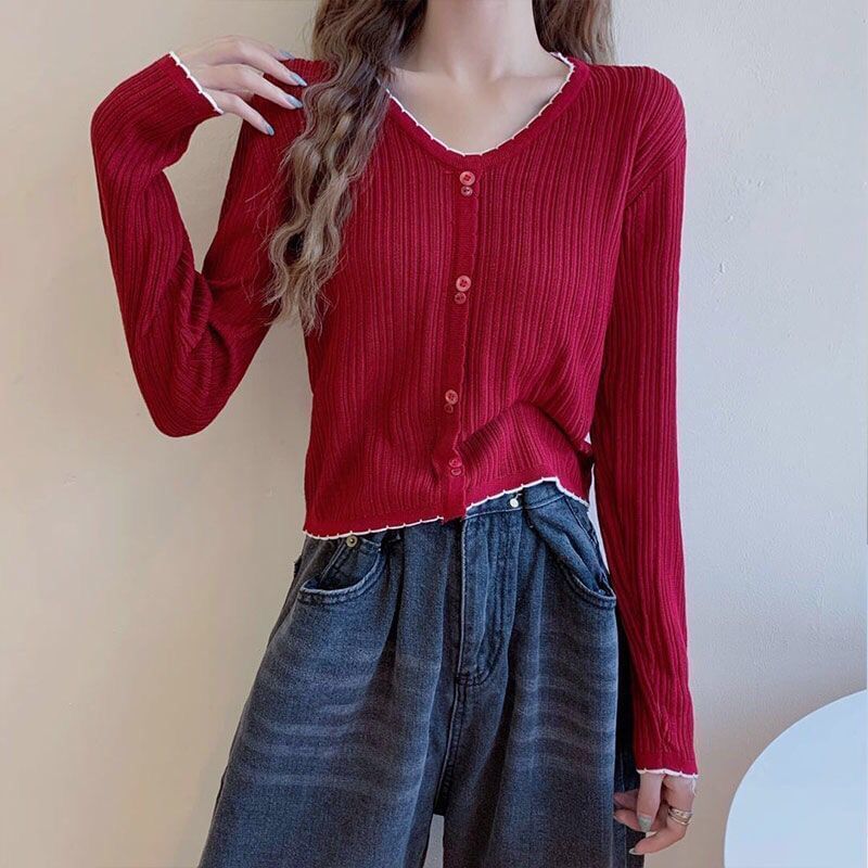 Trim Contrast V-Neck Long-Sleeve Top Knit Button Ribbed Crop