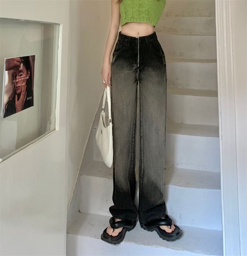 Washed Loose Waist High Gradient Fit Jeans