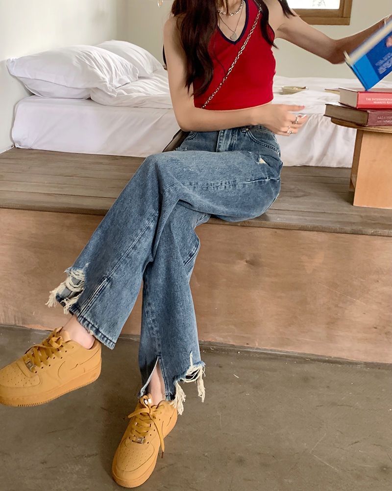 High Jeans Fit Loose Distressed Waist