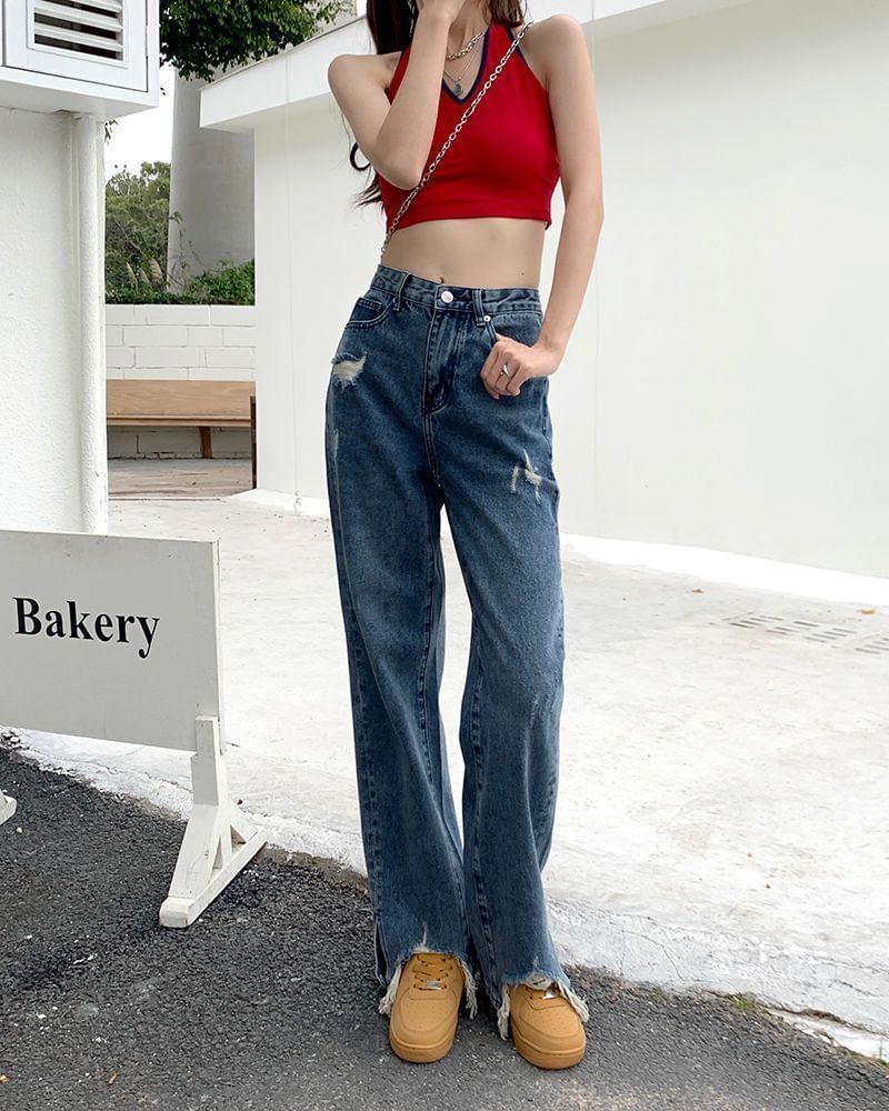High Jeans Fit Loose Distressed Waist