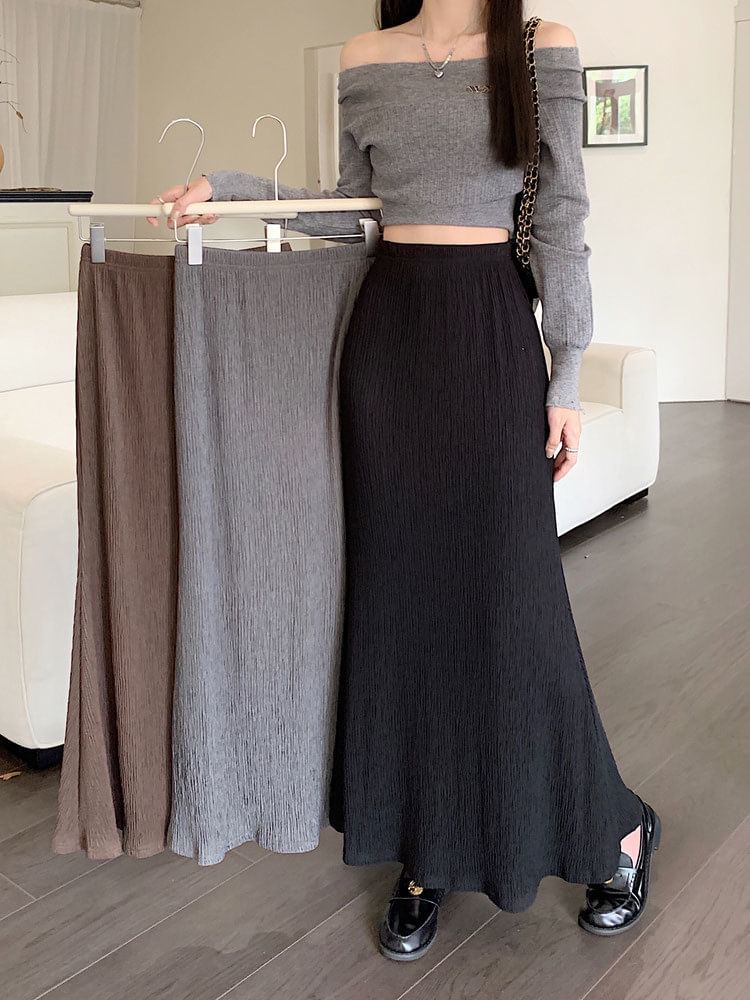 A-Line Waist Plain Midi Elastic Skirt