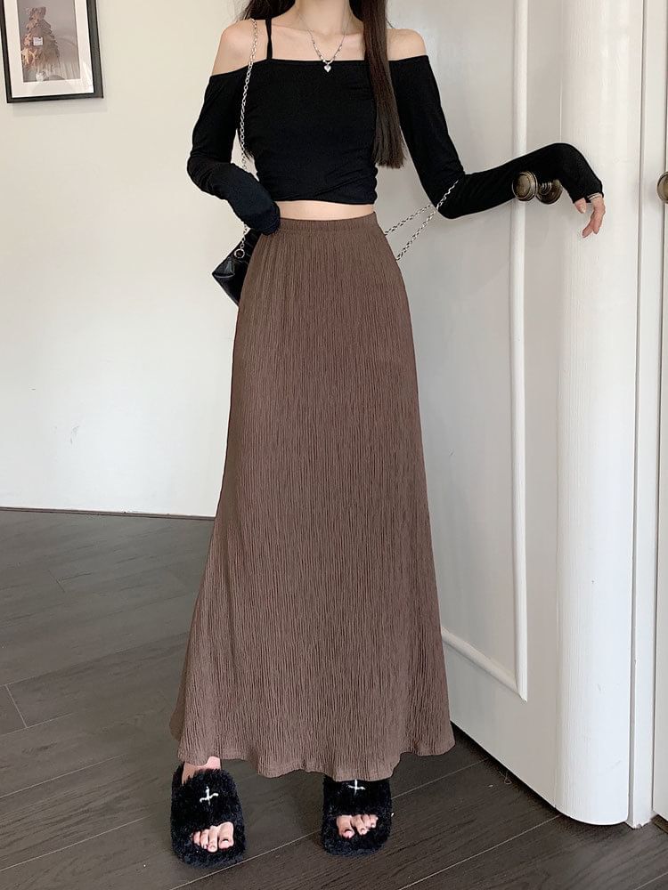 A-Line Waist Plain Midi Elastic Skirt