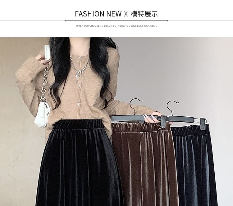 Waist Plain A-Line Velvet Midi Elastic Skirt