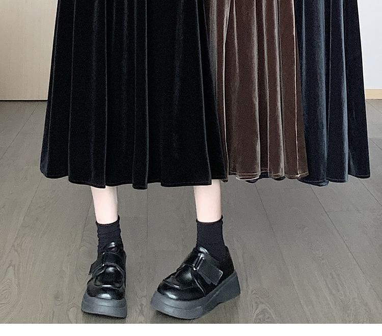 Waist Plain A-Line Velvet Midi Elastic Skirt
