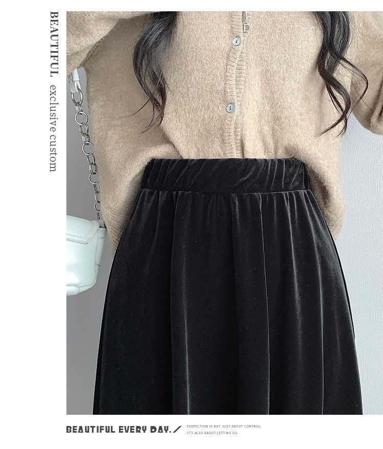Waist Plain A-Line Velvet Midi Elastic Skirt
