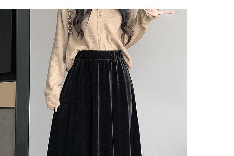Waist Plain A-Line Velvet Midi Elastic Skirt