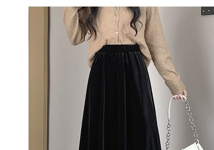 Waist Plain A-Line Velvet Midi Elastic Skirt