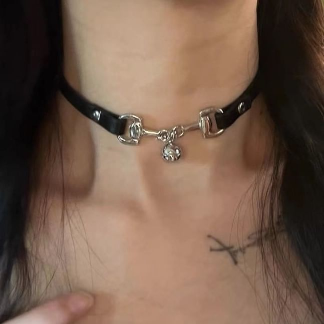 Leather Faux Choker Bell
