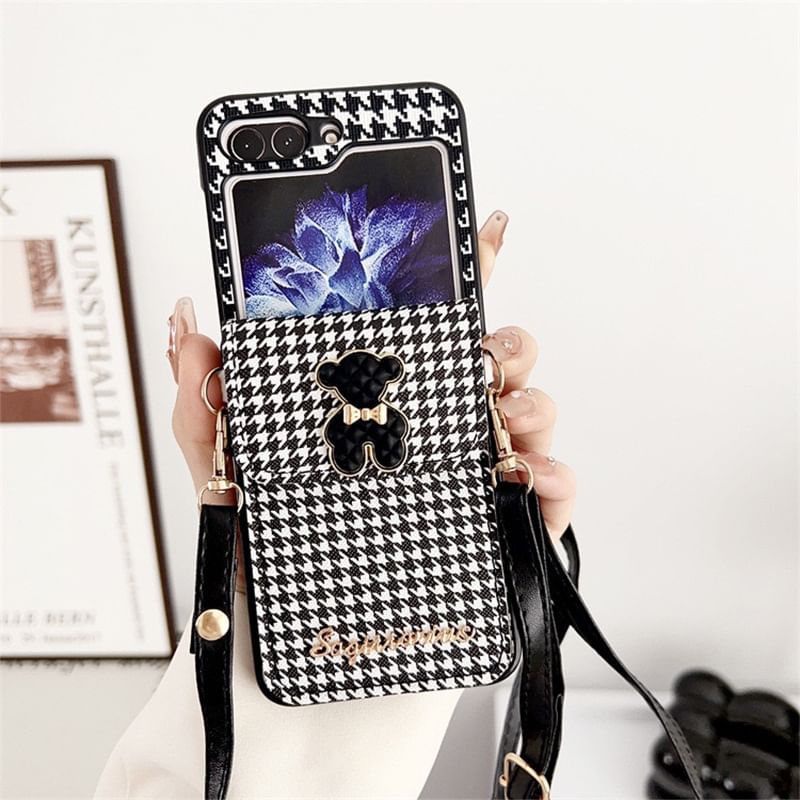 Case Pearl Lanyard Houndstooth Phone Faux Cat