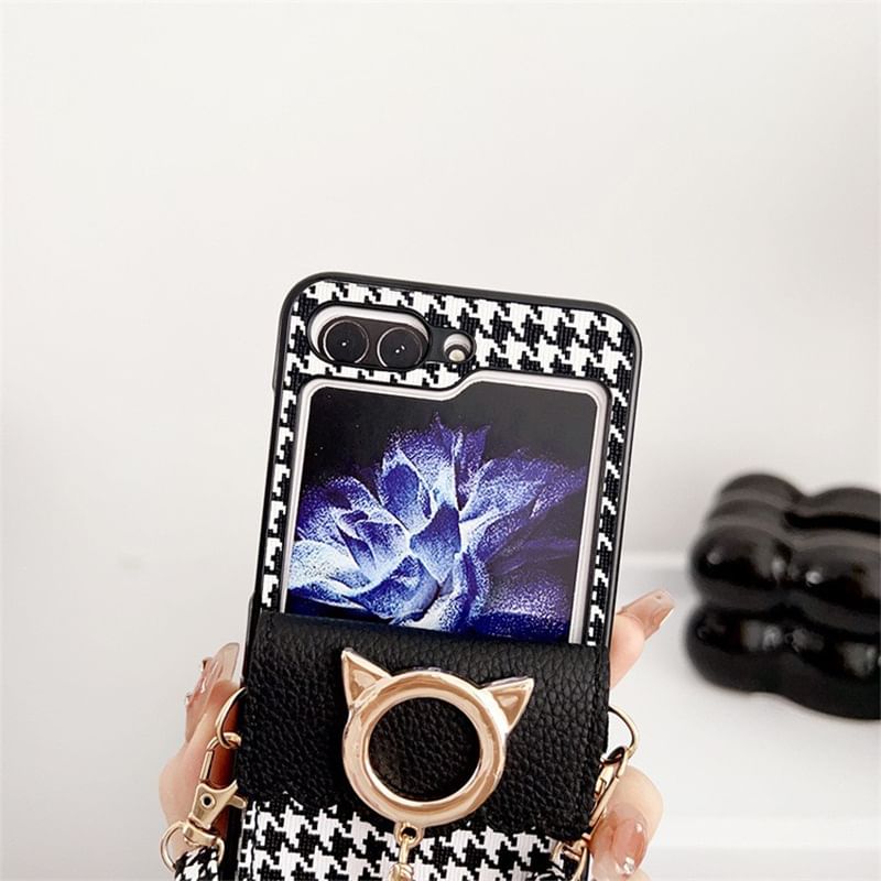 Case Pearl Lanyard Houndstooth Phone Faux Cat