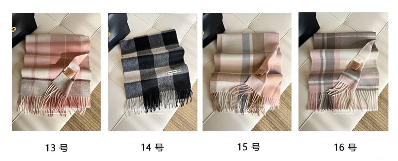 Lettering Applique Wool Plaid Fringed Scarf