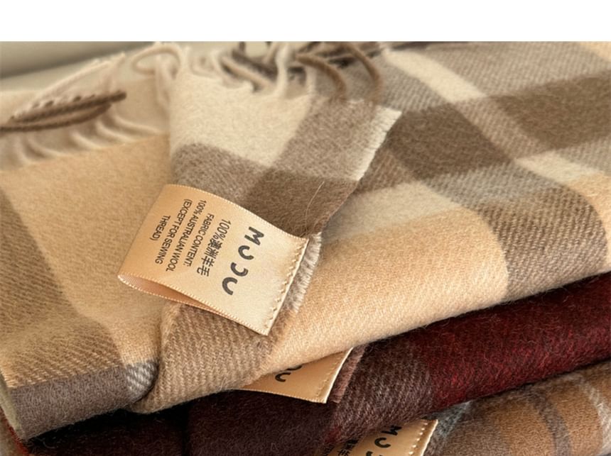 Lettering Applique Wool Plaid Fringed Scarf